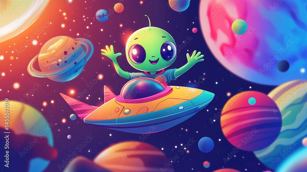 Happy Alien in a UFO Surrounded by Colorful Planets – World UFO Day Artwork Happy Alien in a UFO Surrounded by Colorful Planets – World UFO Day Artwork
