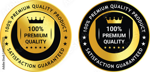 Two golden and black premium quality guarantee badges with crown icons and bold text	