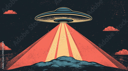 World UFO Day Poster Art - Dramatic Retro UFO with Light Beam in Night Sky