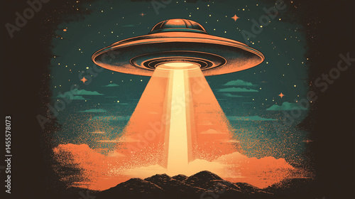 World UFO Day Poster Art - Dramatic Retro UFO with Light Beam in Night Sky