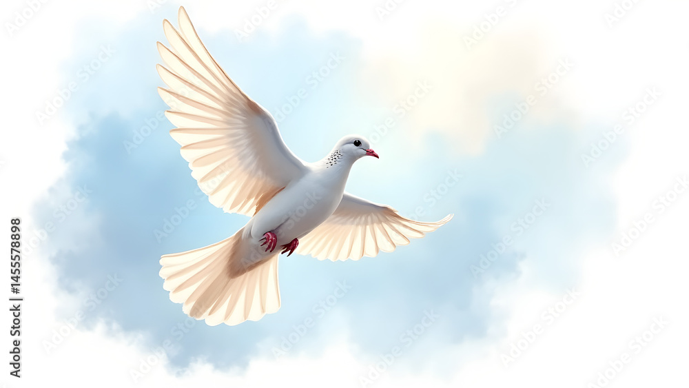 Fototapeta premium A peaceful watercolor dove in flight, soft blue tones, and ethereal texture. Symbol of hope and freedom with fading edges.
