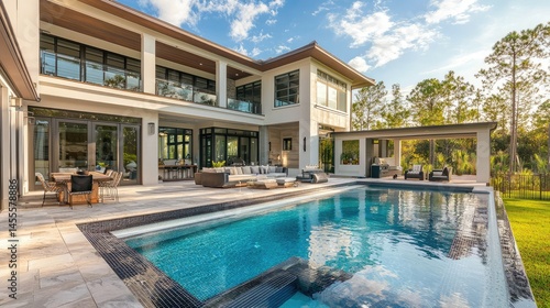 Wallpaper Mural A stylish contemporary villa with a designer pool, a spacious patio area, and a carefully arranged outdoor lounge set. Torontodigital.ca