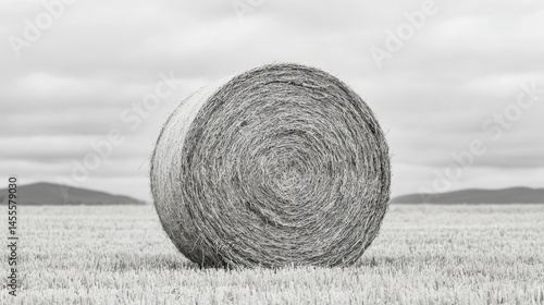 Round Straw Bale Surrounded by Open Field under Gray Sky