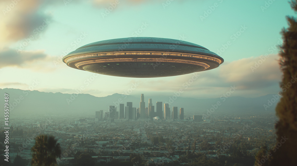 Massive UFO Hovering Over City at Sunset – World UFO Day Concept Art Massive UFO Hovering Over City at Sunset – World UFO Day Concept Art