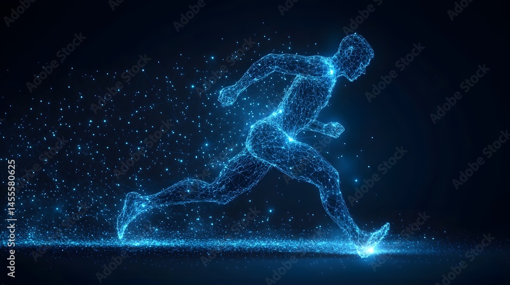Fototapeta premium Futuristic runner depicted with glowing blue lines on dark blue. Abstract Digital low-poly wireframe connected dots in dark blue. Dynamic motion and technology.