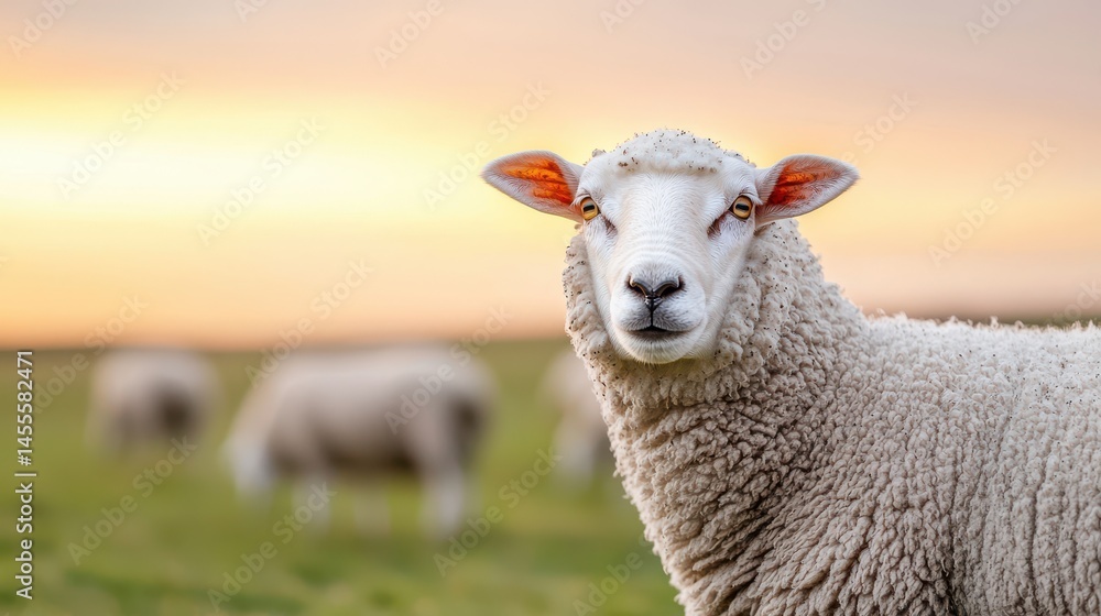 Curious Sheep in Pasture Against Beautiful Sunset Background Curious Sheep in Pasture Against Beautiful Sunset Background