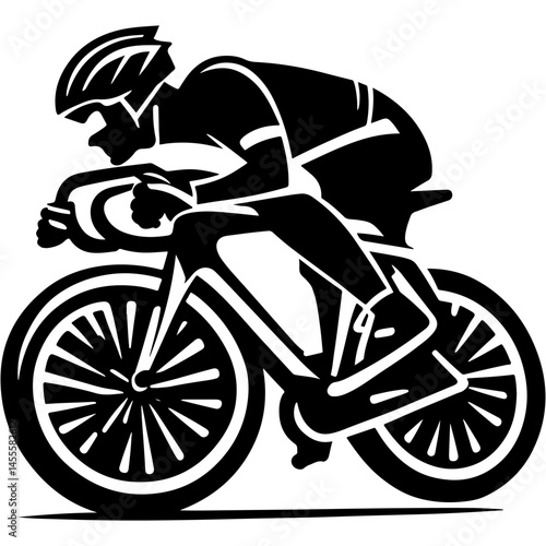 Sketchy sport emblem of athlete confidently passes turn on bend while controlling bicycle in monochrome. Engraving minimalistic vector in black ink drawing on transparent background