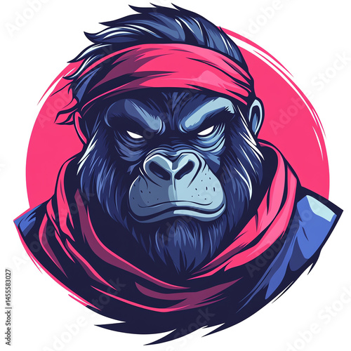 Intense gorilla with red bandana and scarf illustration on transparent background for logos and mascots