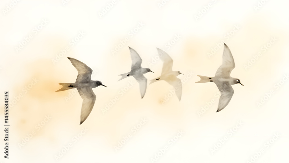 Fototapeta premium Abstract watercolor of birds in flight, rendered in warm gray and gold strokes against an ivory-beige backdrop. The loose forms evoke freedom, with soft fading edges enhancing the airy feel.