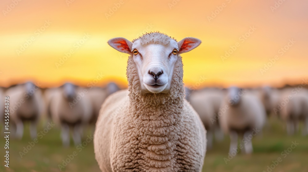 Fototapeta premium Sheep Standing in Field During Sunset With Blurred Flock Background