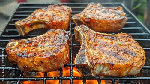 Grilled pork chops on barbecue