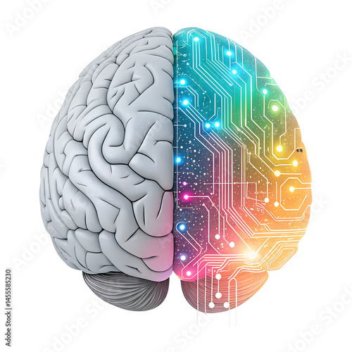 Futuristic brain design split into realistic anatomy and neon circuitry, emphasizing the convergence of human cognitive functions and advanced AI technologies.