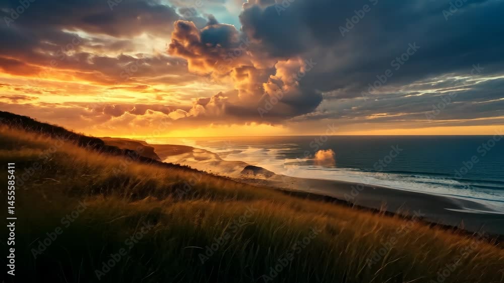 Dramatic sunset over ocean, waves crashing on shore, grassy hillside bathed in golden light Dramatic sunset over ocean, waves crashing on shore, grassy hillside bathed in golden light