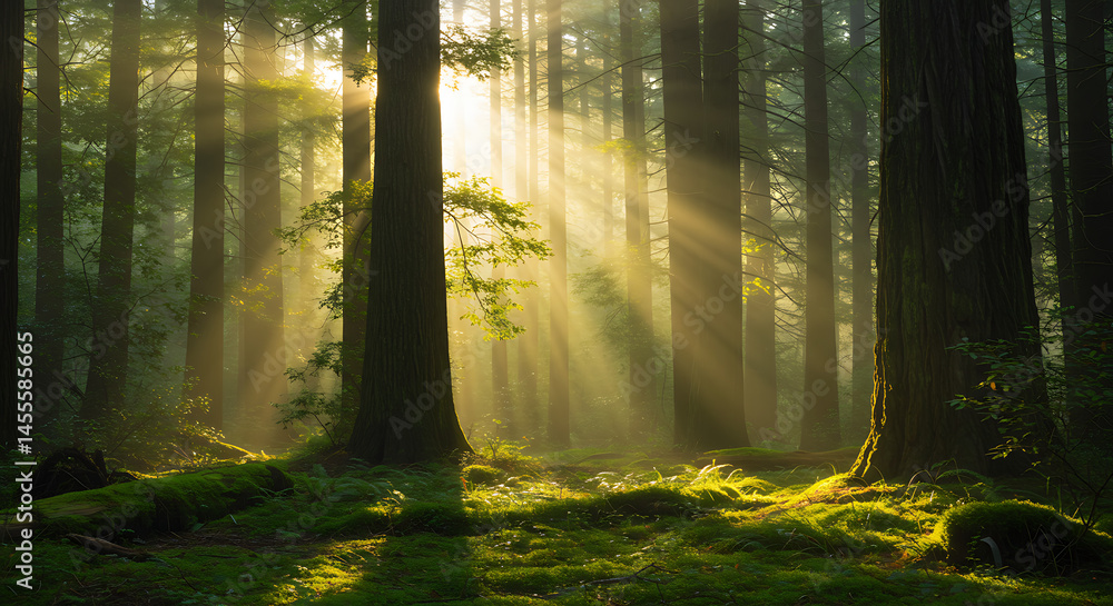 Obraz premium Magical sunbeams pierce ancient Redwood forest a breathtaking ethereal scene