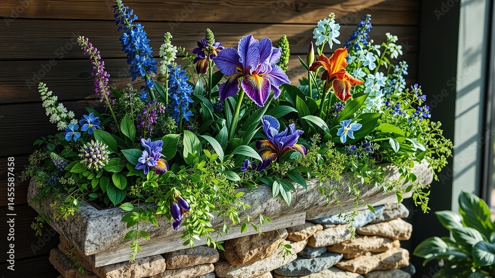 Obraz premium Emerald Lagerstroemia and Teal Irises on Stone Planter