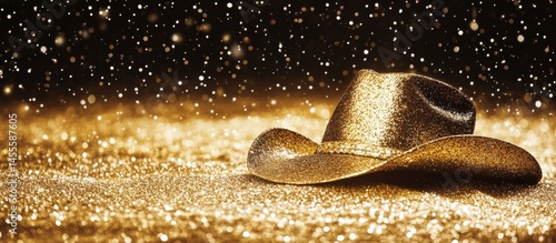 Glittery gold cowboy hat on a bed of shimmering gold glitter