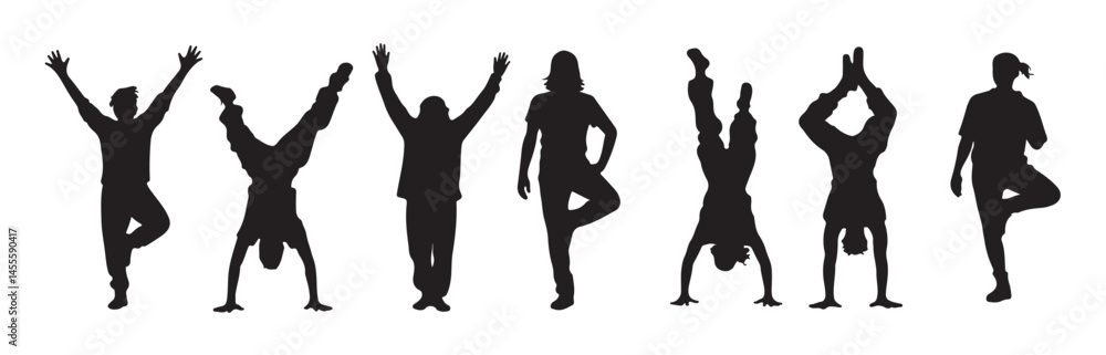 Vector set of children dancing street dance silhouettes including hip hop, break dance, jazz funk, and freestyle moves Vector set of children dancing street dance silhouettes including hip hop, break dance, jazz funk, and freestyle moves