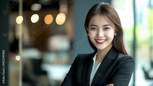 Free Download Successful young Asian Business woman with smiling in suit in the office. Happy saleswoman talking to clients, blurred office background - GFXLoad
