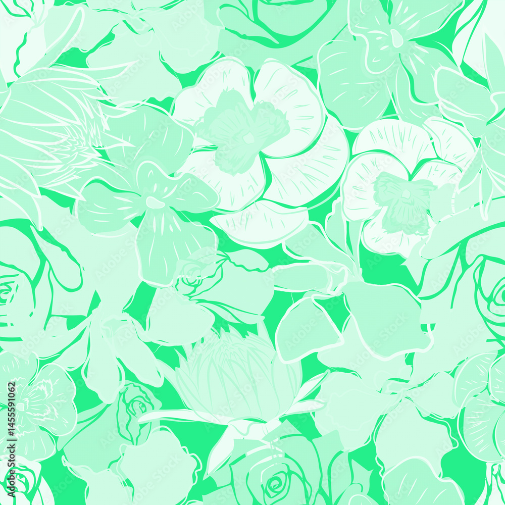 Fototapeta premium Floral summer exotic texture pattern seamless turquoise green. Light green wallpaper vector, colorful abstract floral texture with tropical flowers in doodle style.