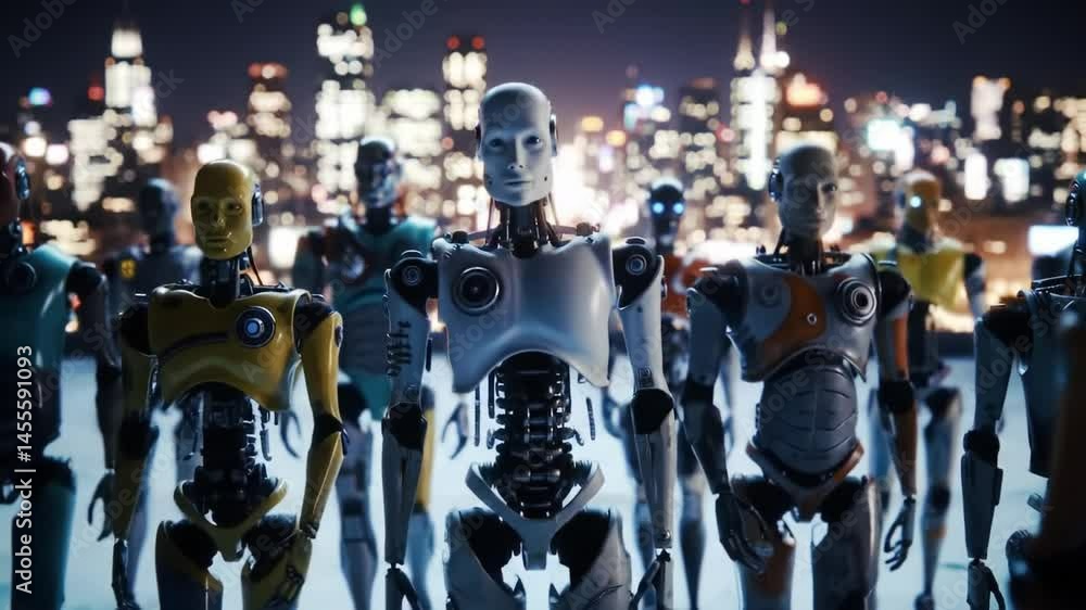 Robots gather for a night event against a city skyline backdrop showcasing technology's advancement Robots gather for a night event against a city skyline backdrop showcasing technology's advancement