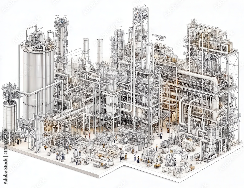 Industrial plant complex, numerous interconnected metal structures, pipes, tanks, and equipment, with numerous workers Industrial plant complex, numerous interconnected metal structures, pipes, tanks, and equipment, with numerous workers
