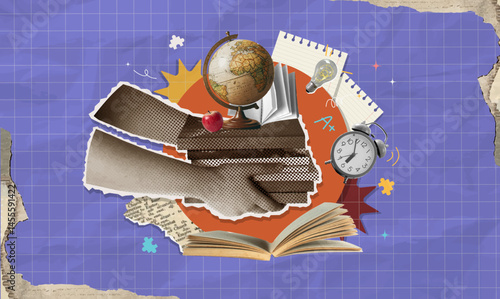Back to school themed artistic montage with education symbols. Vector illustration