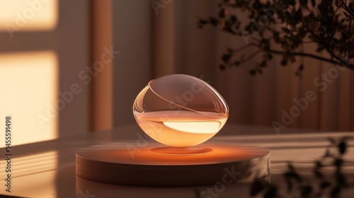 Fototapeta Naklejka Na Ścianę i Meble -  Glowing levitating glass sphere on wooden base