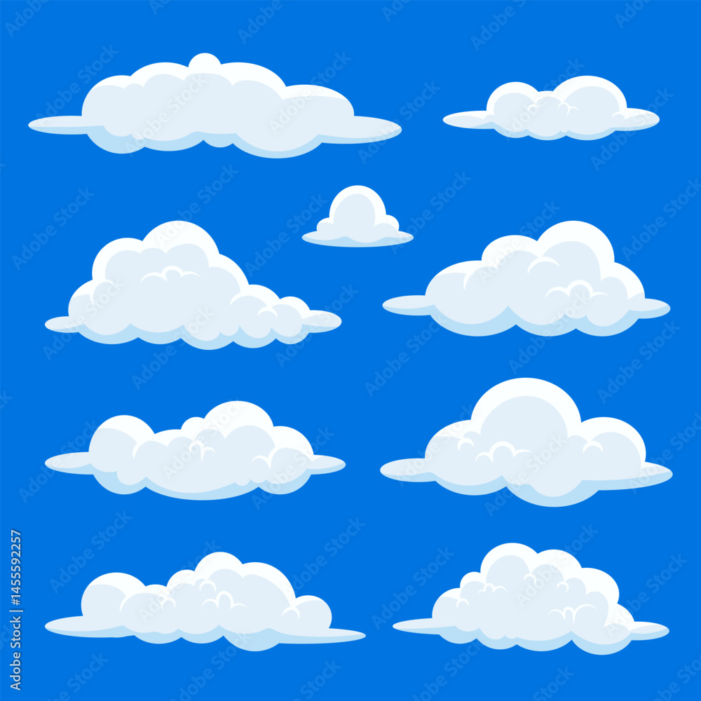 Set of cartoon cloud in a flat design. Fluffy white cartoon clouds in blue sky vector set. Set of cartoon cloud in a flat design. Fluffy white cartoon clouds in blue sky vector set.