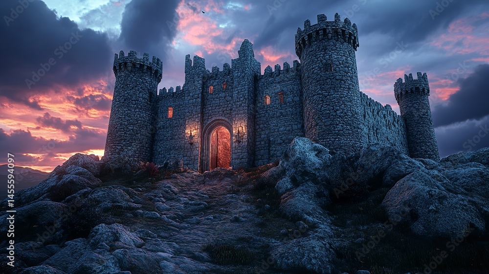 Enchanting stone castle at sunset mysterious gateway dramatic sky rocky terrain warm light