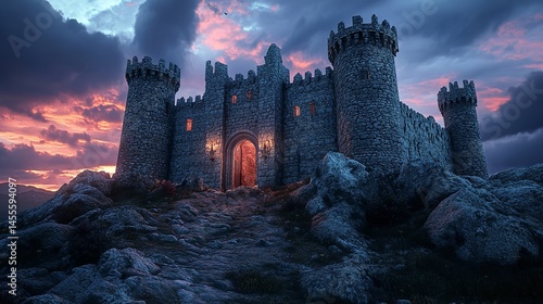 Obraz na płótnie Enchanting stone castle at sunset mysterious gateway dramatic sky rocky terrain warm light w salonie