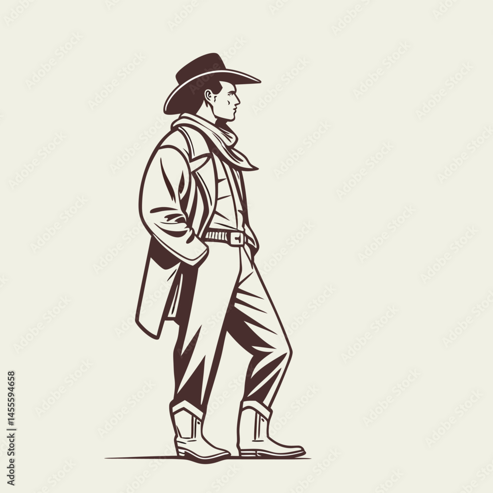 Obraz premium A Lone Figure's Stance: A detailed monochrome depiction of a cowboy. he is posing confidently in a photorealistic illustration of the old west.