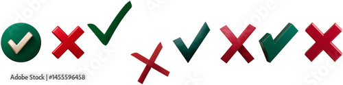 Various green check marks and red crosses are displayed in an isolated, transparent design. These symbols represent approval and rejection in a clear format