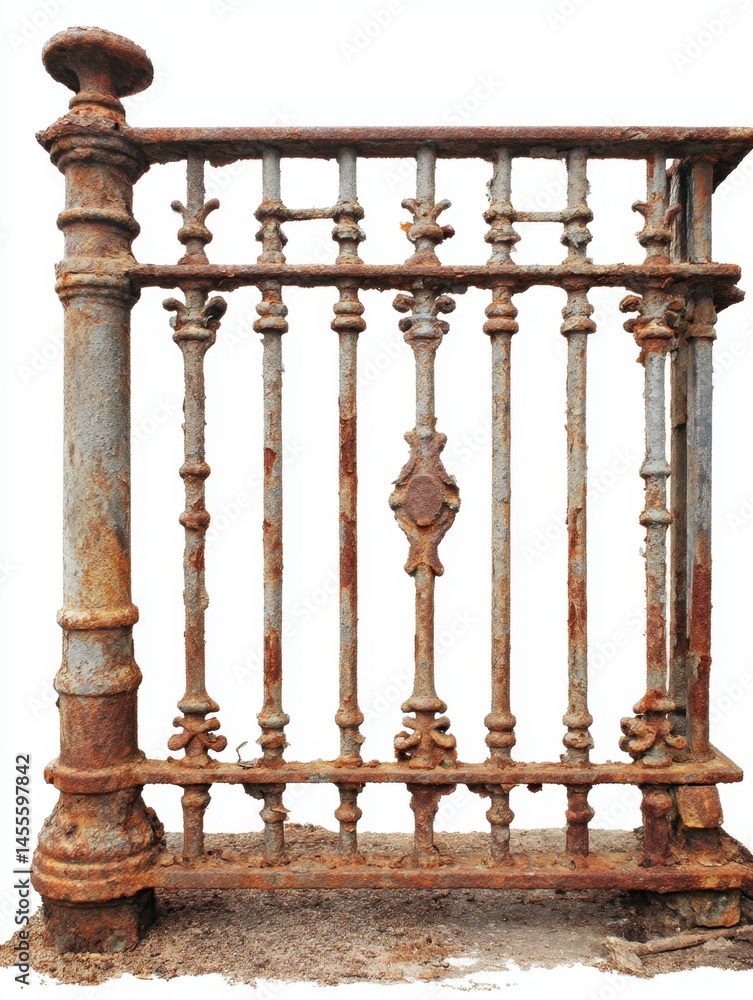 Fototapeta premium Old and Rusty Metal Railing Section with Decorative Elements Isolated on White Background
