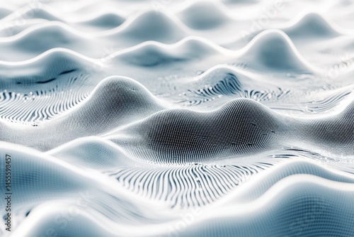 Abstract digital landscape with undulating forms.  Detailed texture and light play across a series of soft, wave-like hills.  A blend of gray and white tones creates a sense of depth