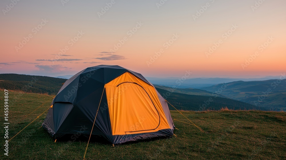 Scenic Tent Camping at Dusk with Beautiful Mountain View Scenic Tent Camping at Dusk with Beautiful Mountain View