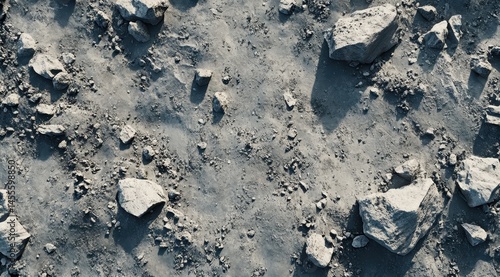 Gray, rocky terrain, scattered stones on dusty surface  Detailed texture of broken rocks and earth