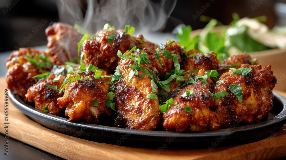 Sizzling plate of hot buffalo wings garnished with fresh herbs, perfect for sharing Sizzling plate of hot buffalo wings garnished with fresh herbs, perfect for sharing