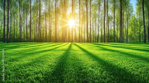 Sunny forest meadow, sunlight through trees, green grass, tranquil scene