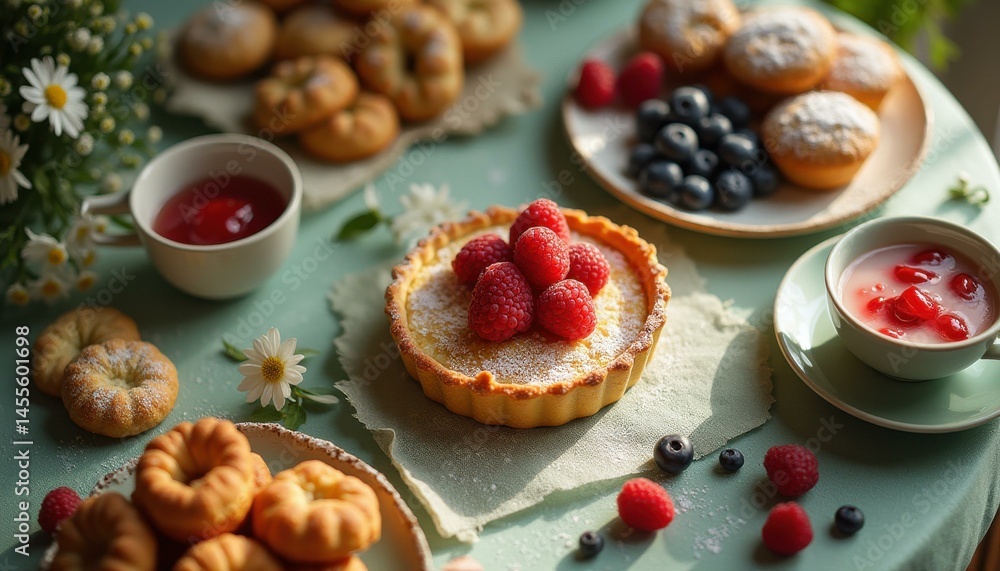 Elegant Dessert Still Life with Raspberry Tart, Cookies, and Berry Drink
