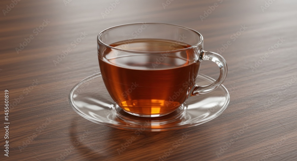 Glass teacup with tea on wooden table Glass teacup with tea on wooden table
