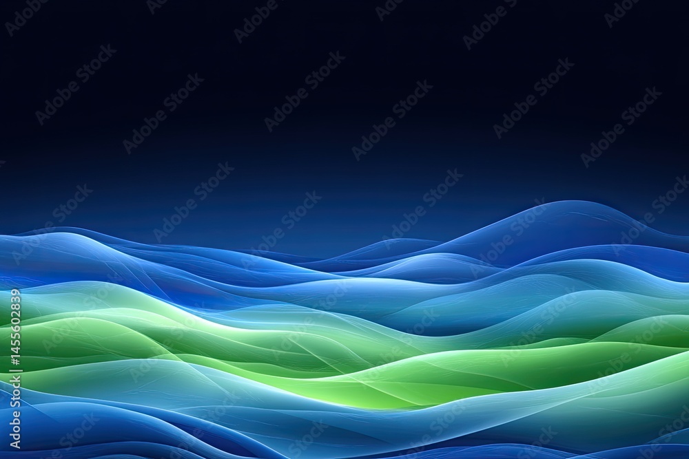 Fototapeta premium Abstract wave formations of blue and green. Layered, smooth, flowing shapes creating a dynamic, ethereal landscape