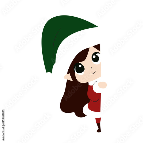 Cute Elf Girl Peeking Corner Christmas