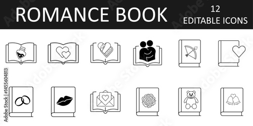 Romance book icon sheet featuring hearts, love letters, roses, and wedding symbols. Perfect for romantic genre visuals and love story designs.