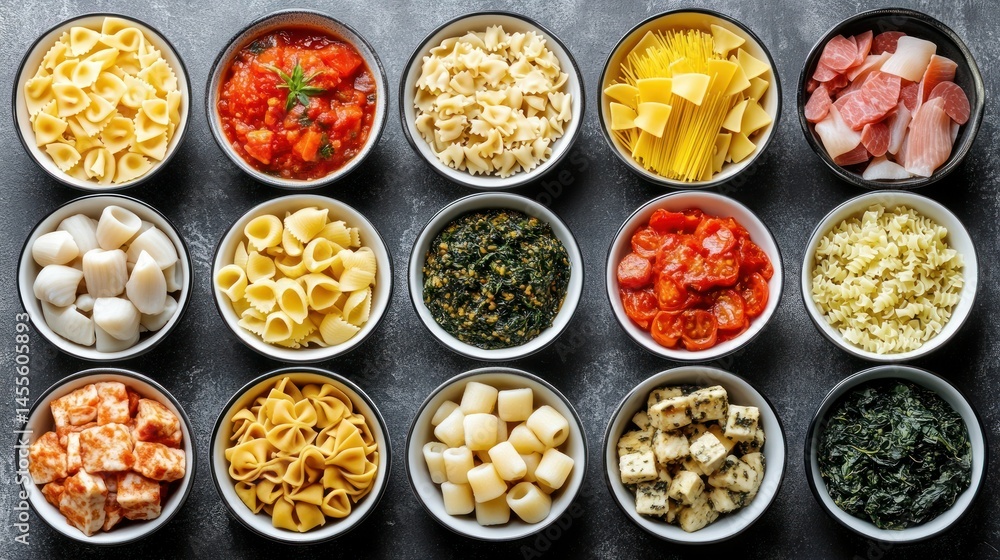 Assorted pasta and ingredients in small bowls Assorted pasta and ingredients in small bowls