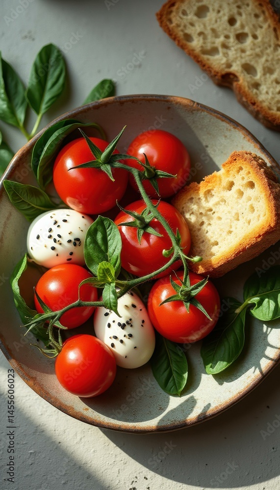 Fresh Caprese Salad ingredients with tomatoes, mozzarella balls, basil leaves, and sliced bread presented in rustic bowl. Fresh Caprese Salad ingredients with tomatoes, mozzarella balls, basil leaves, and sliced bread presented in rustic bowl.