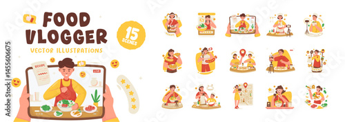 Illustration set of food vlogger culinary online review vector design