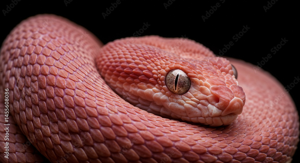 Fototapeta premium Pink Pit Viper Snake Close Up Eye Scales Coiled Black Background