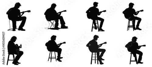 Eight Guitar Player Silhouettes Musicians Playing Acoustic Guitar Sitting Chairs