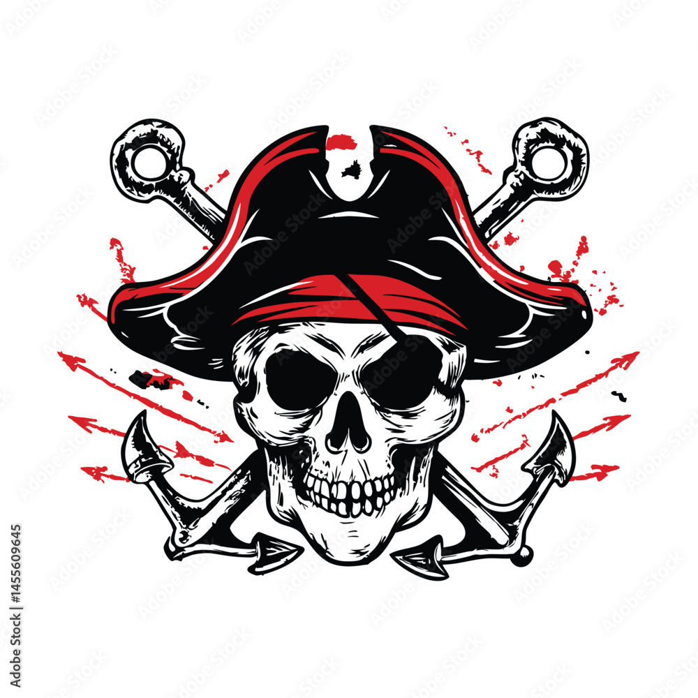 Fototapeta premium Hand drawn pirate skull logo illustration in vintage style