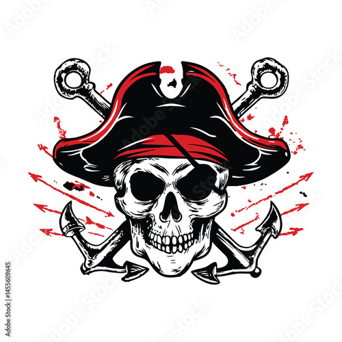 Hand drawn pirate skull logo illustration in vintage style